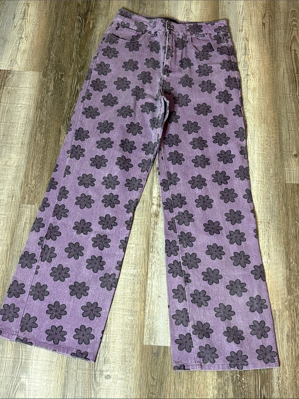 Wide Leg Floral Print Jeans - Purple